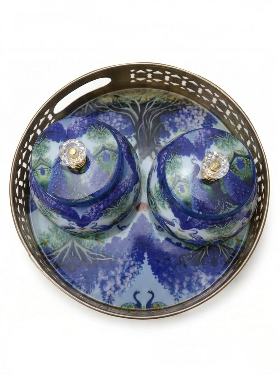 Peacock Printed Metal Jar Set with Golden Basket Tray (Set of 2)
