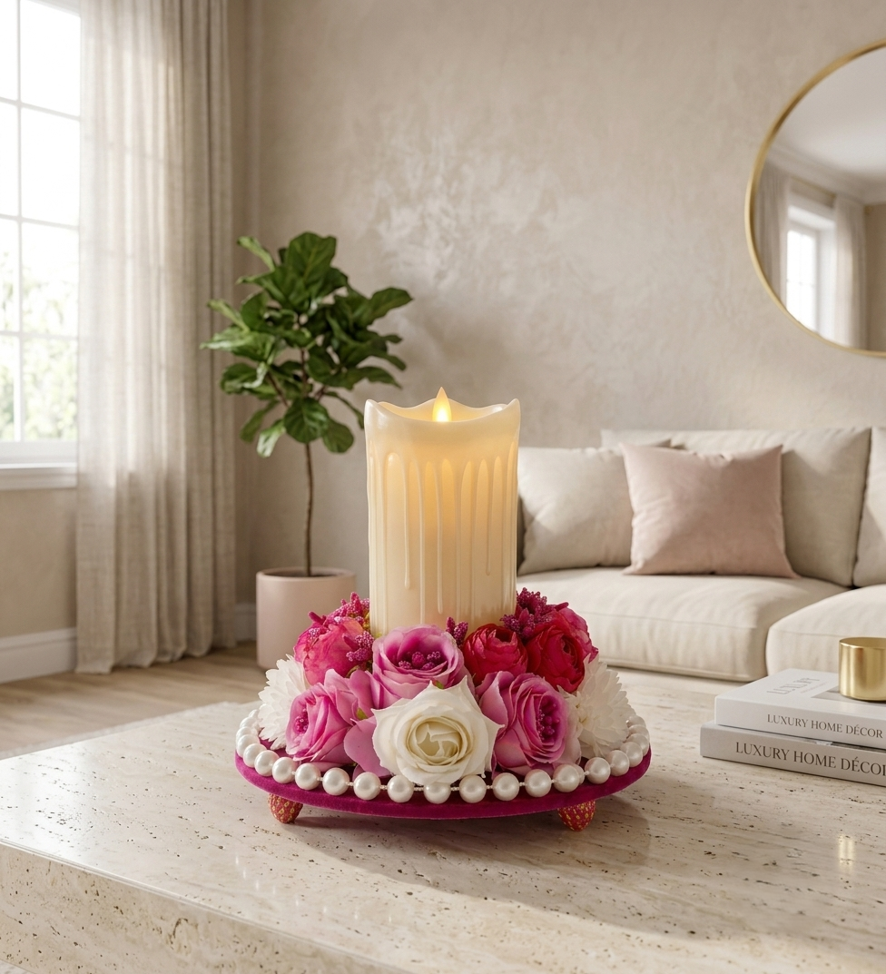 Pink Floral LED Candle Centerpiece