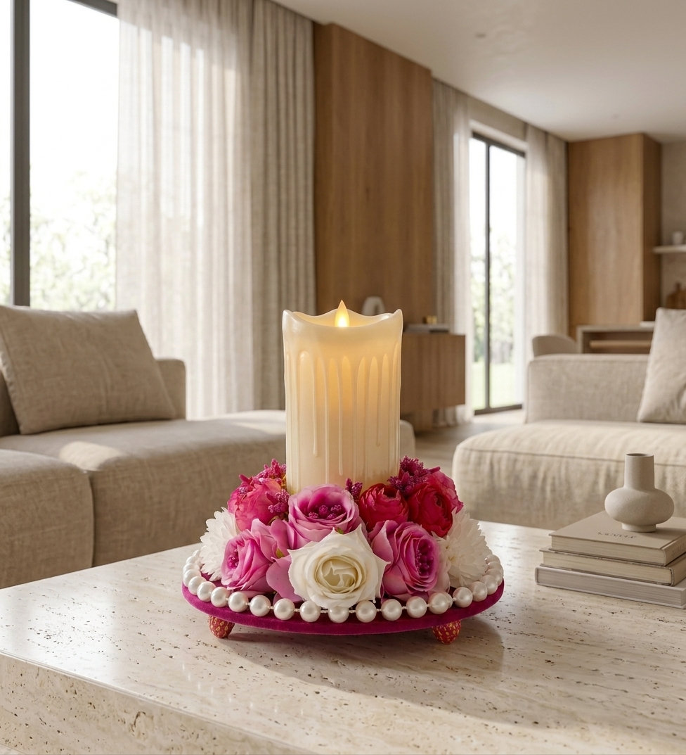 Pink Floral LED Candle Centerpiece