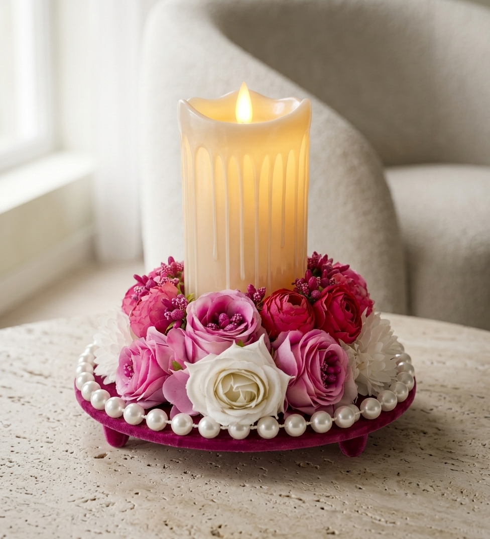 Pink Floral LED Candle Centerpiece