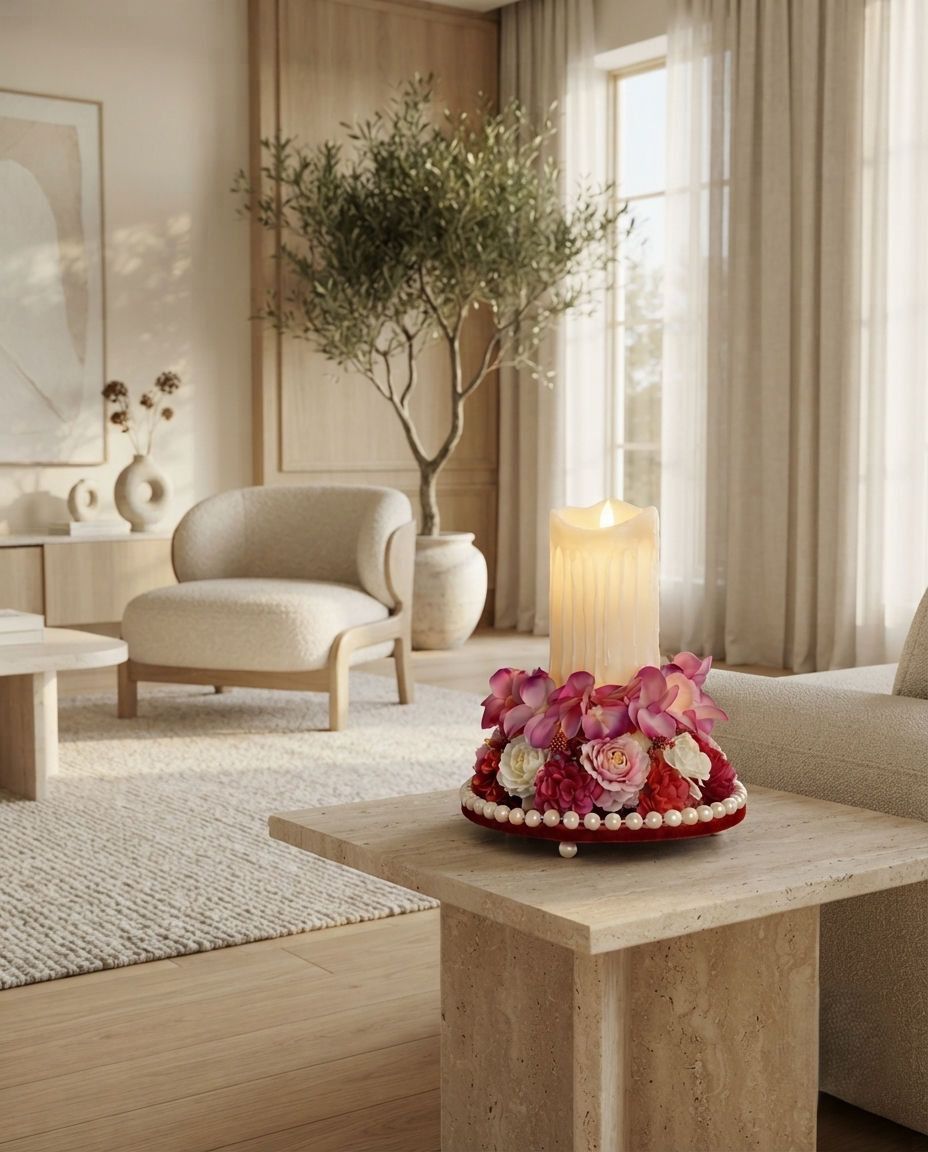 Pink Floral LED Candle Centerpiece