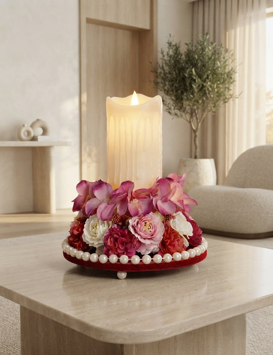 Pink Floral LED Candle Centerpiece