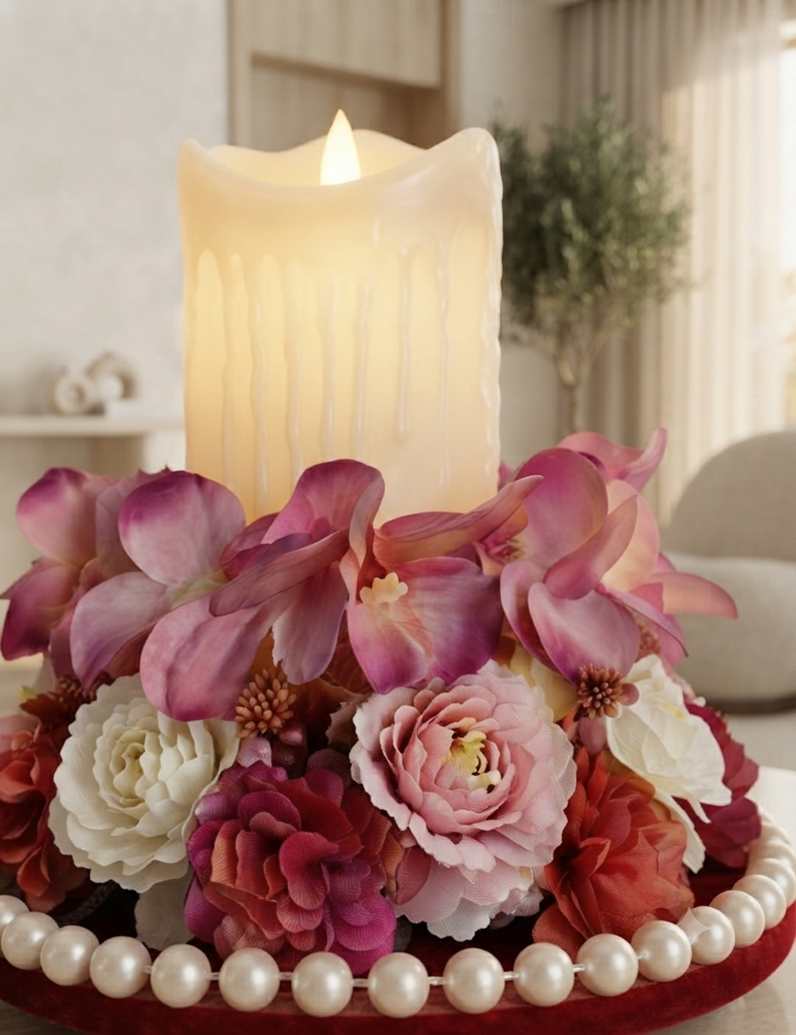 Pink Floral LED Candle Centerpiece