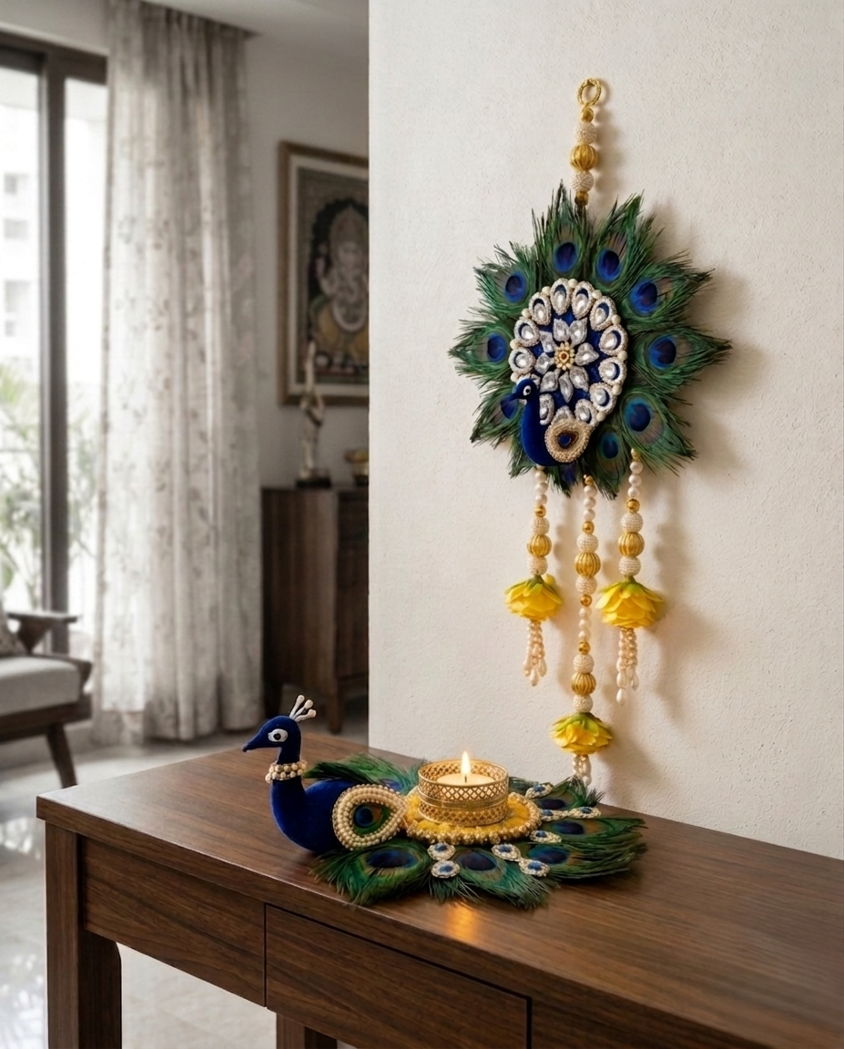 Peacock Feather Tealight & Hanging Decor Set