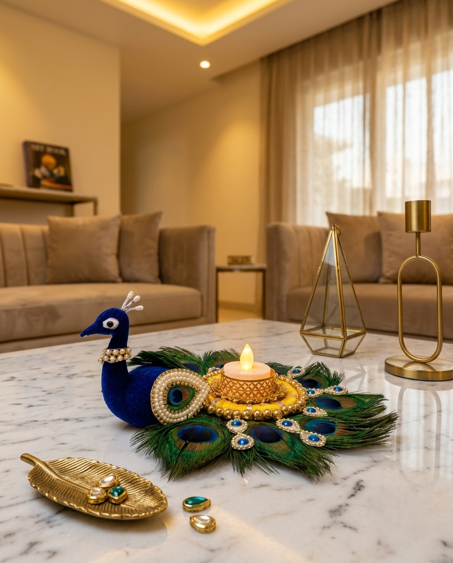 Peacock Feather Tealight & Hanging Decor Set
