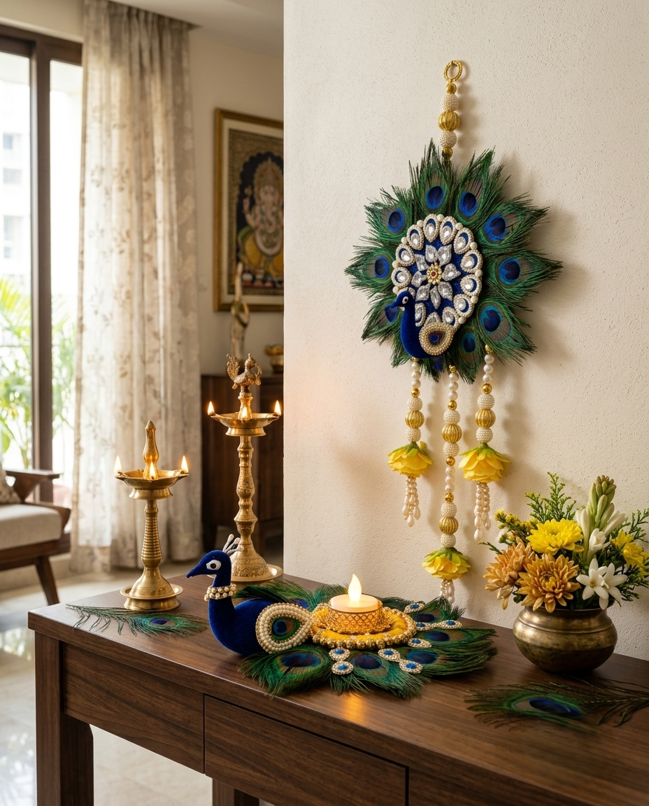 Peacock Feather Tealight & Hanging Decor Set