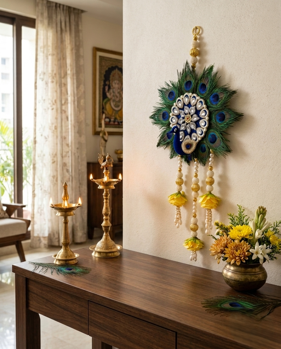 Peacock Feather Tealight & Hanging Decor Set