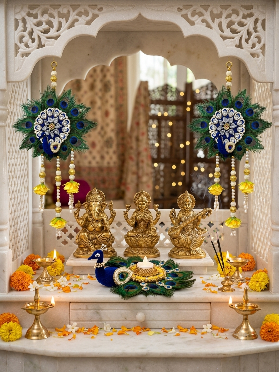 Peacock Feather Tealight & Hanging Decor Set