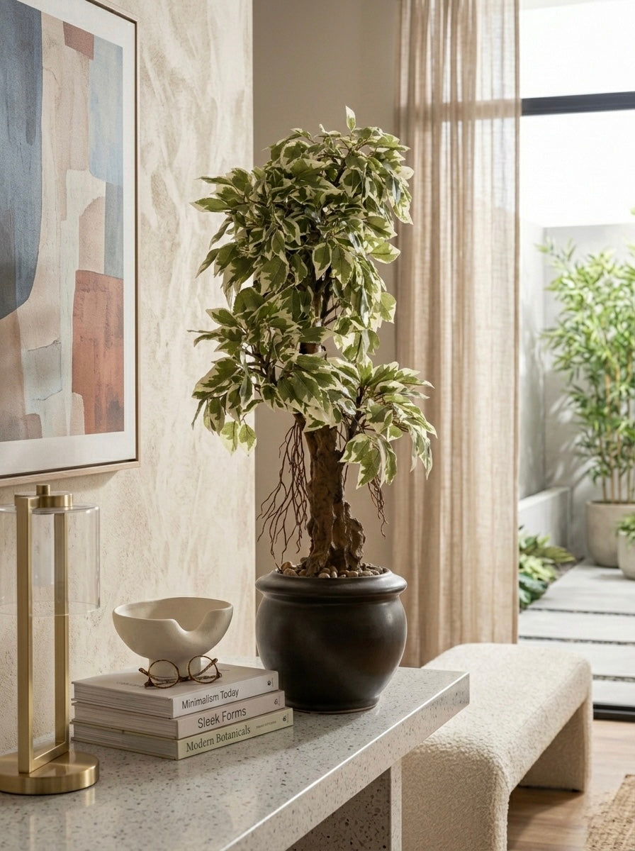 Artificial Variegated Ficus Leaf Bonsai 2ft