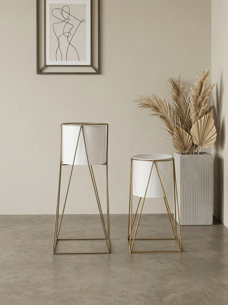 Aurum White Metal Planter with Stand