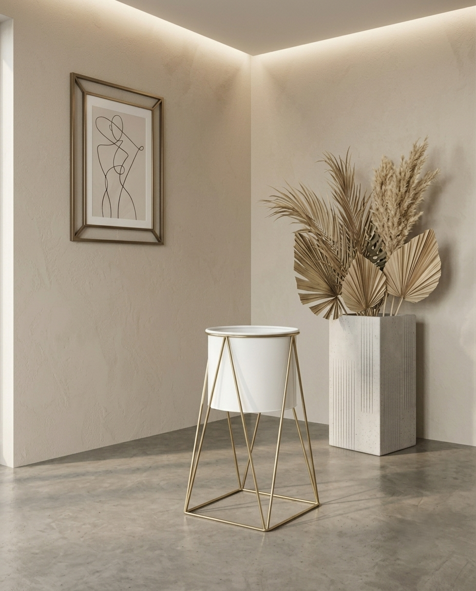 Aurum White Metal Planter with Stand