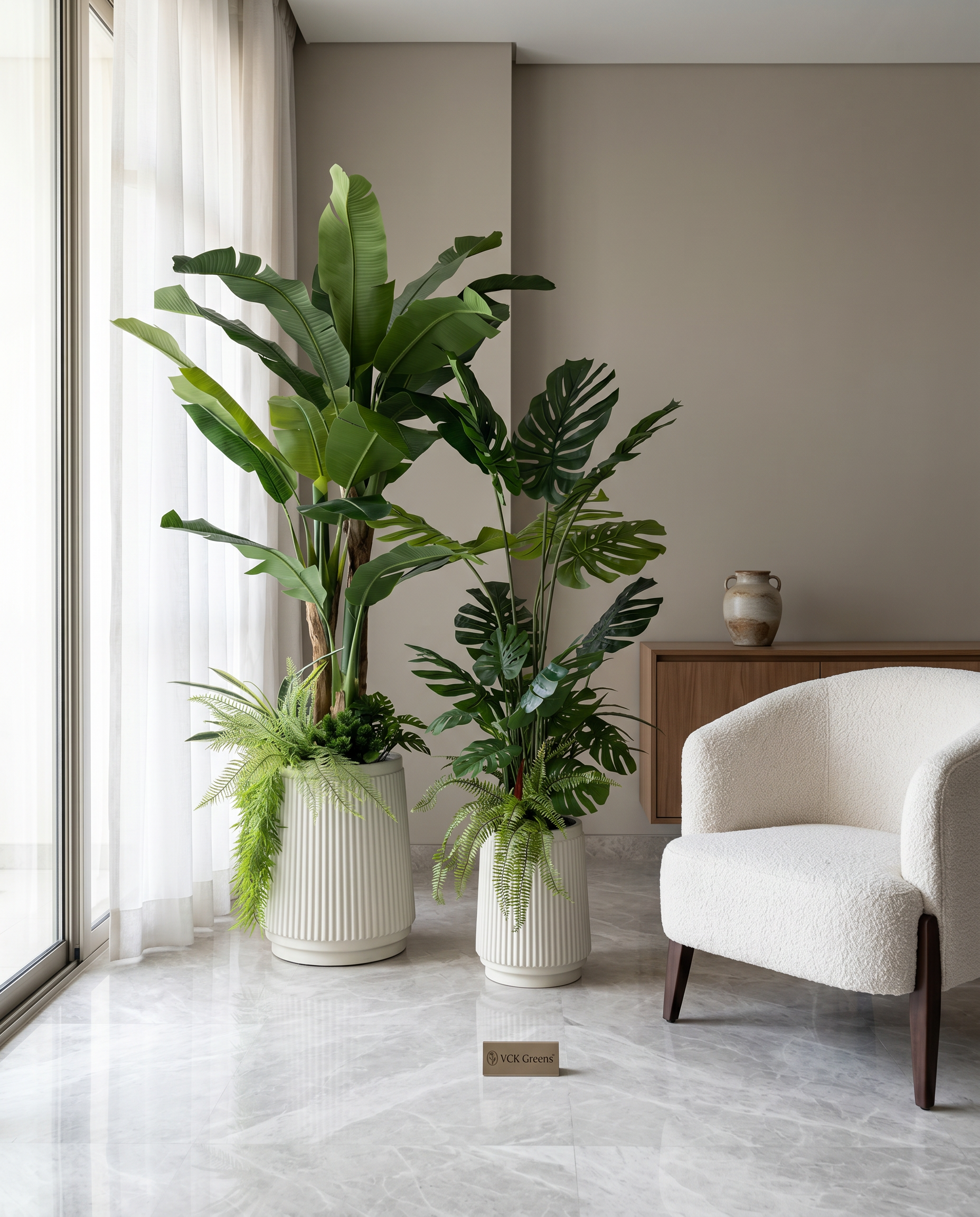Artificial Tropical Plant Arrangement Set with Decorative Fiber Pots