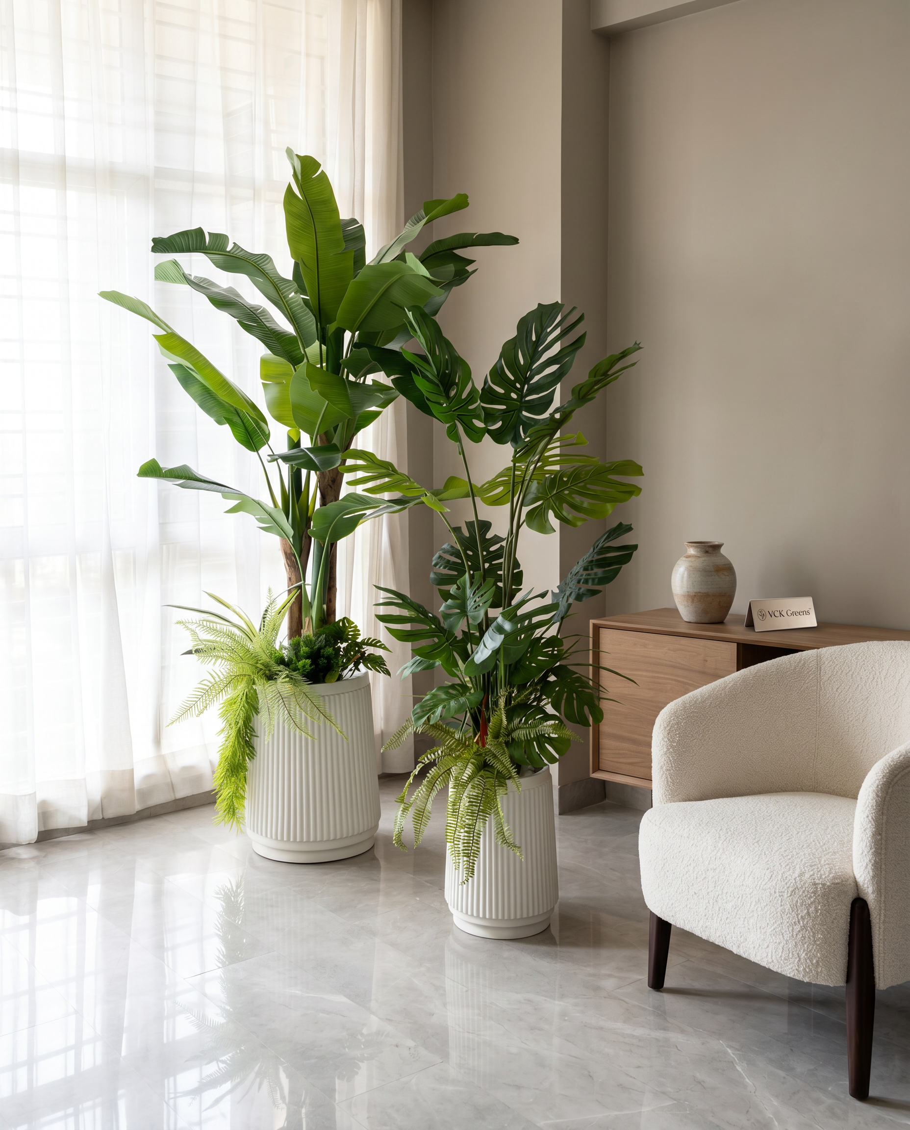 Artificial Tropical Plant Arrangement Set with Decorative Fiber Pots