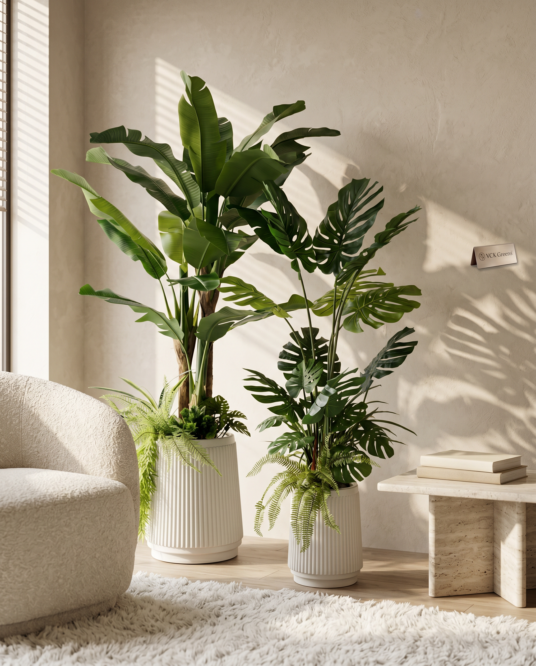 Artificial Tropical Plant Arrangement Set with Decorative Fiber Pots