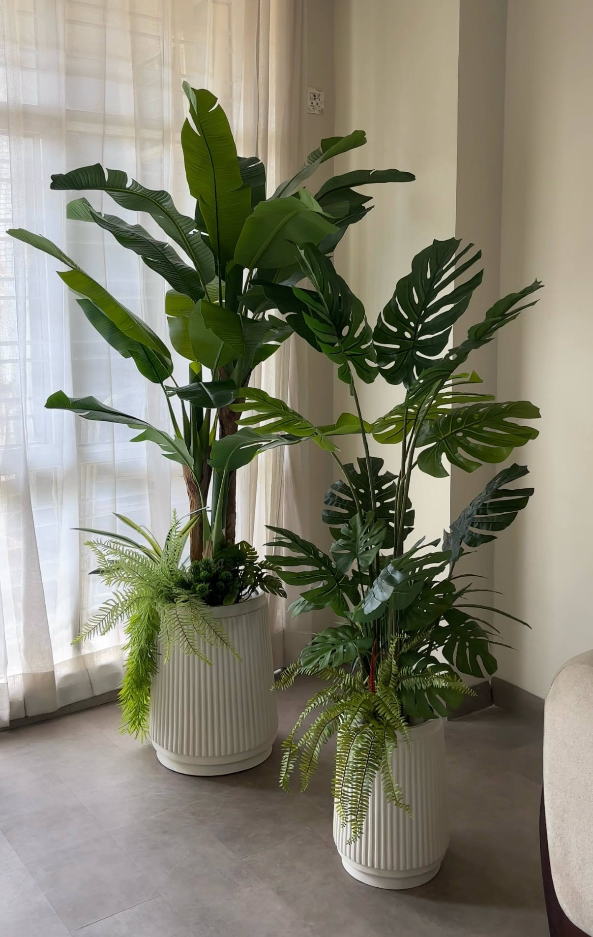 Artificial Tropical Plant Arrangement Set with Decorative Fiber Pots