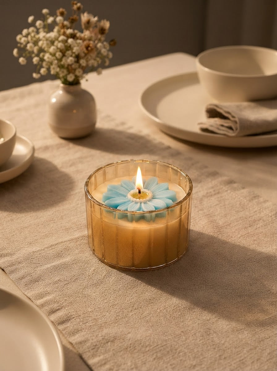 Blue Daisy Bloom Glass Jar Candle