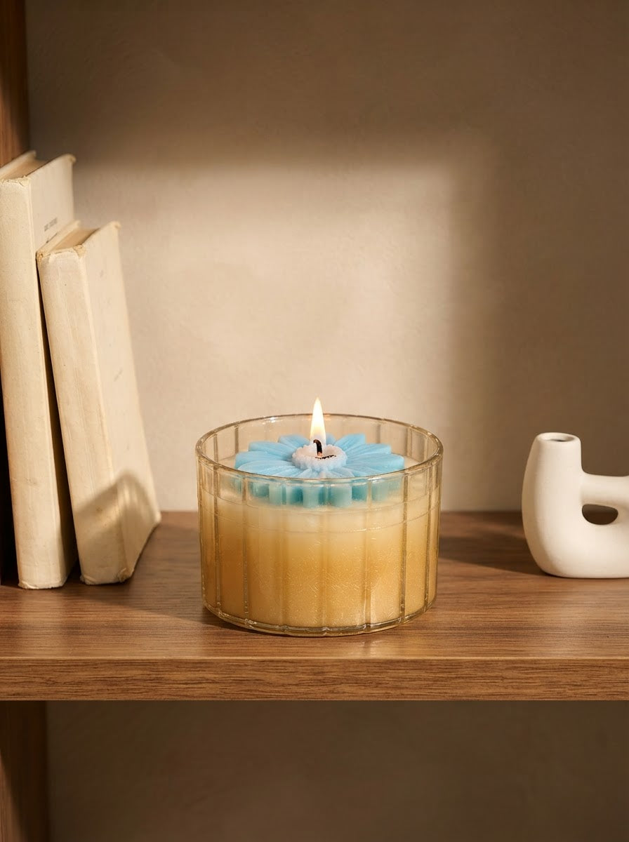 Blue Daisy Bloom Glass Jar Candle