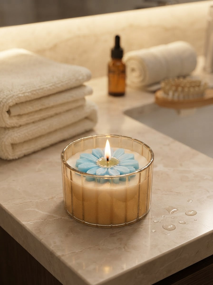 Blue Daisy Bloom Glass Jar Candle