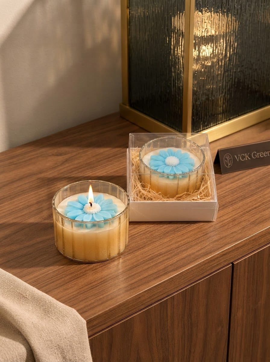 Blue Daisy Bloom Glass Jar Candle