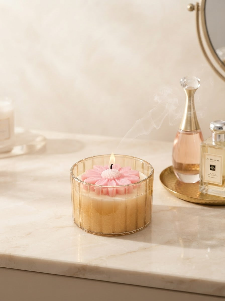 Pink Daisy Bloom Glass Jar Candle