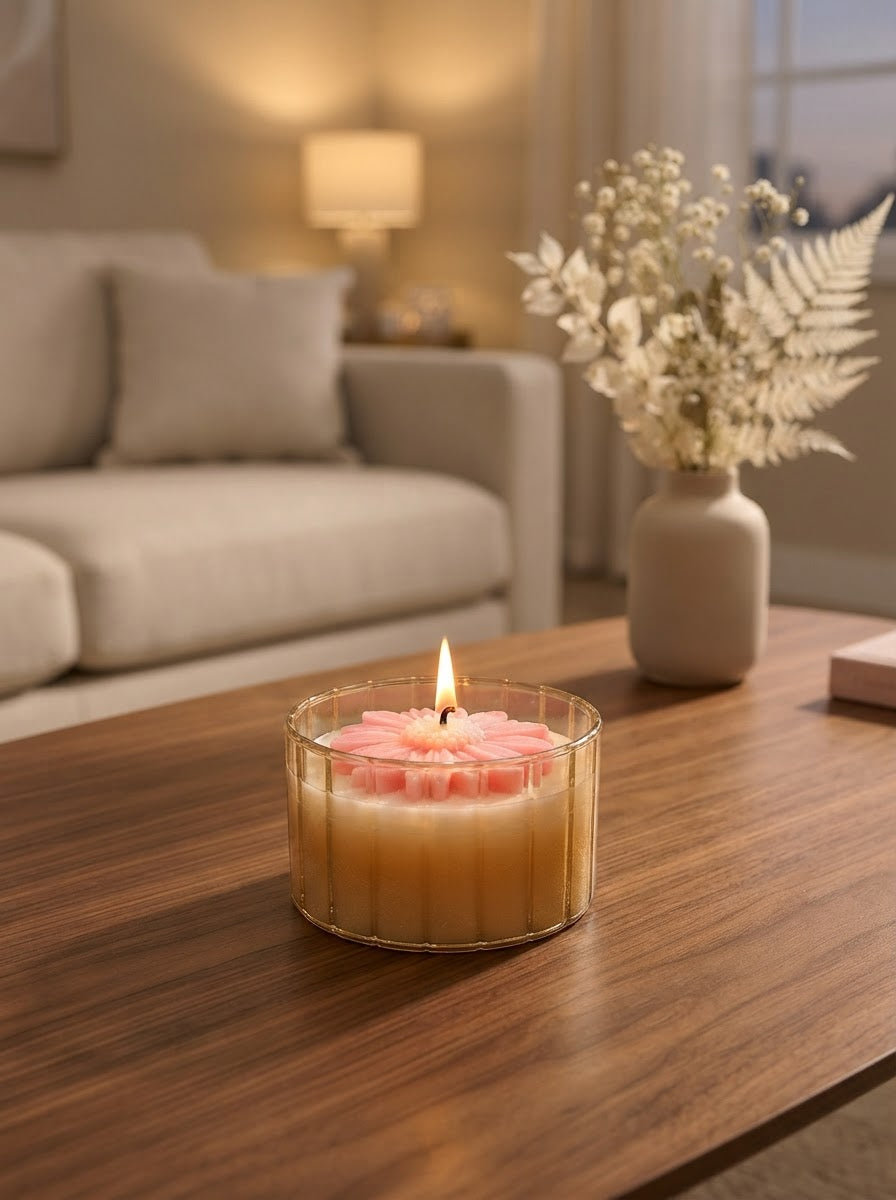 Pink Daisy Bloom Glass Jar Candle