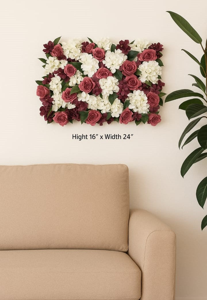 Artificial Burgundy Rose & White Hydrangea Wall Panel (16" x 24")
