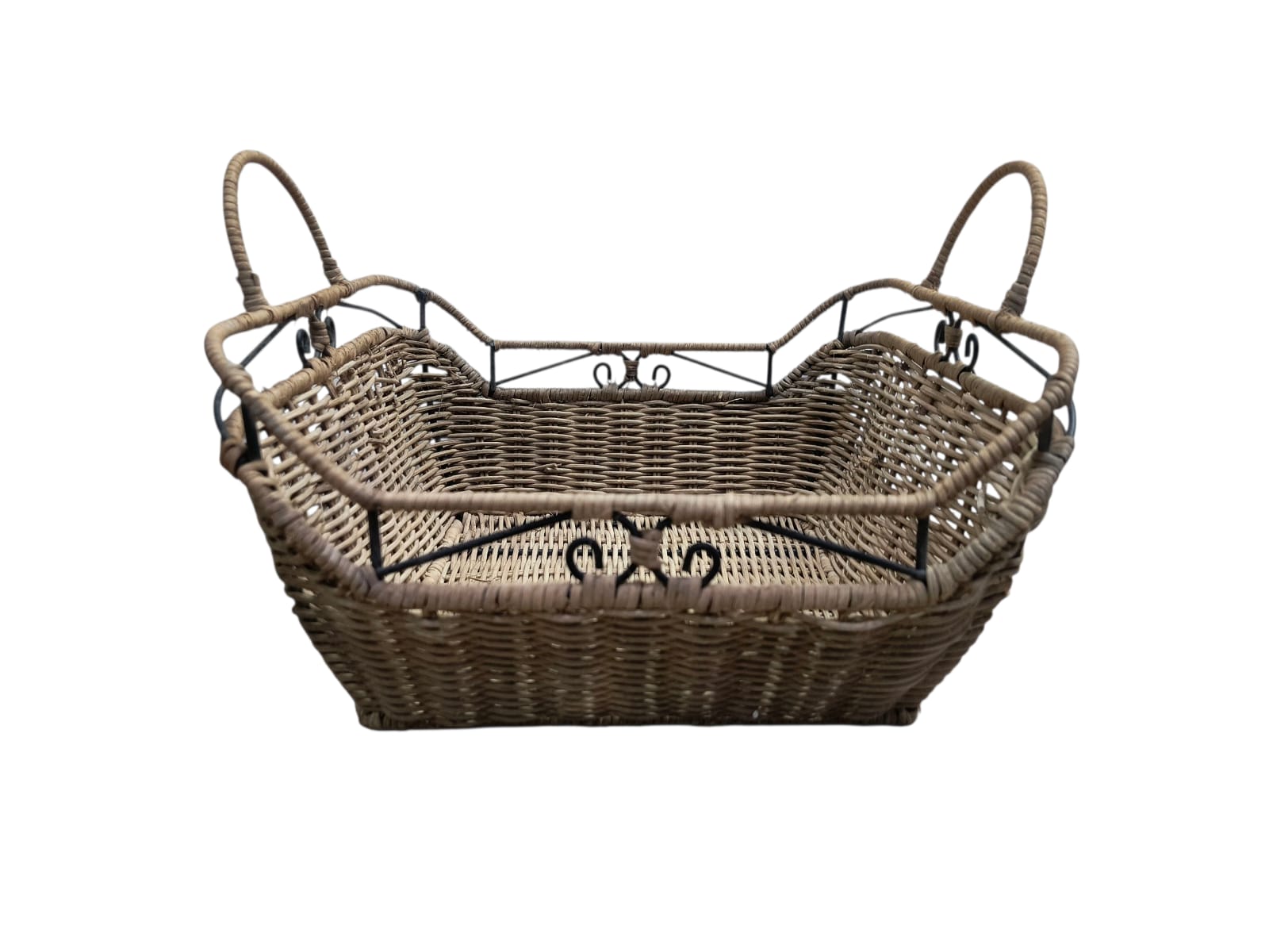Handwoven Cane Basket Tray with Metal Frame & Handles