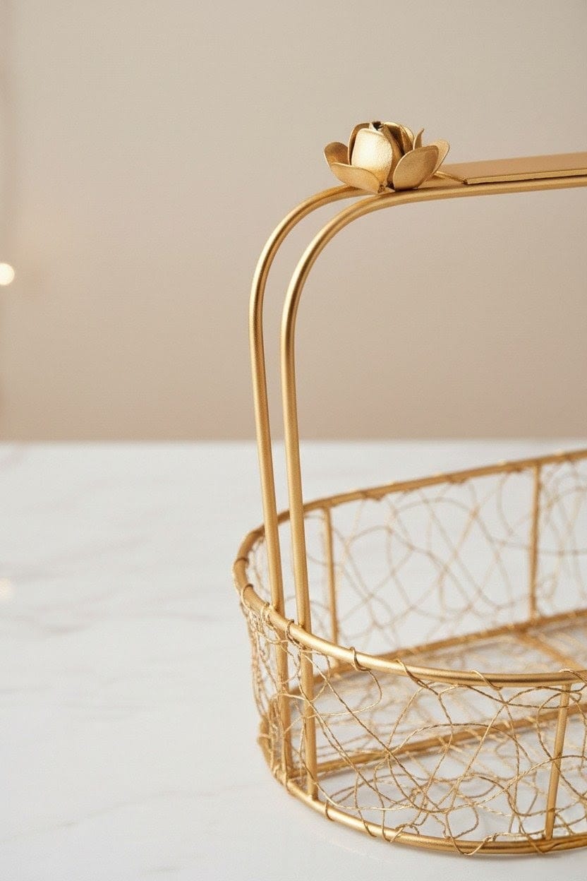 Oval Gold Metal Decorative Basket with Handle