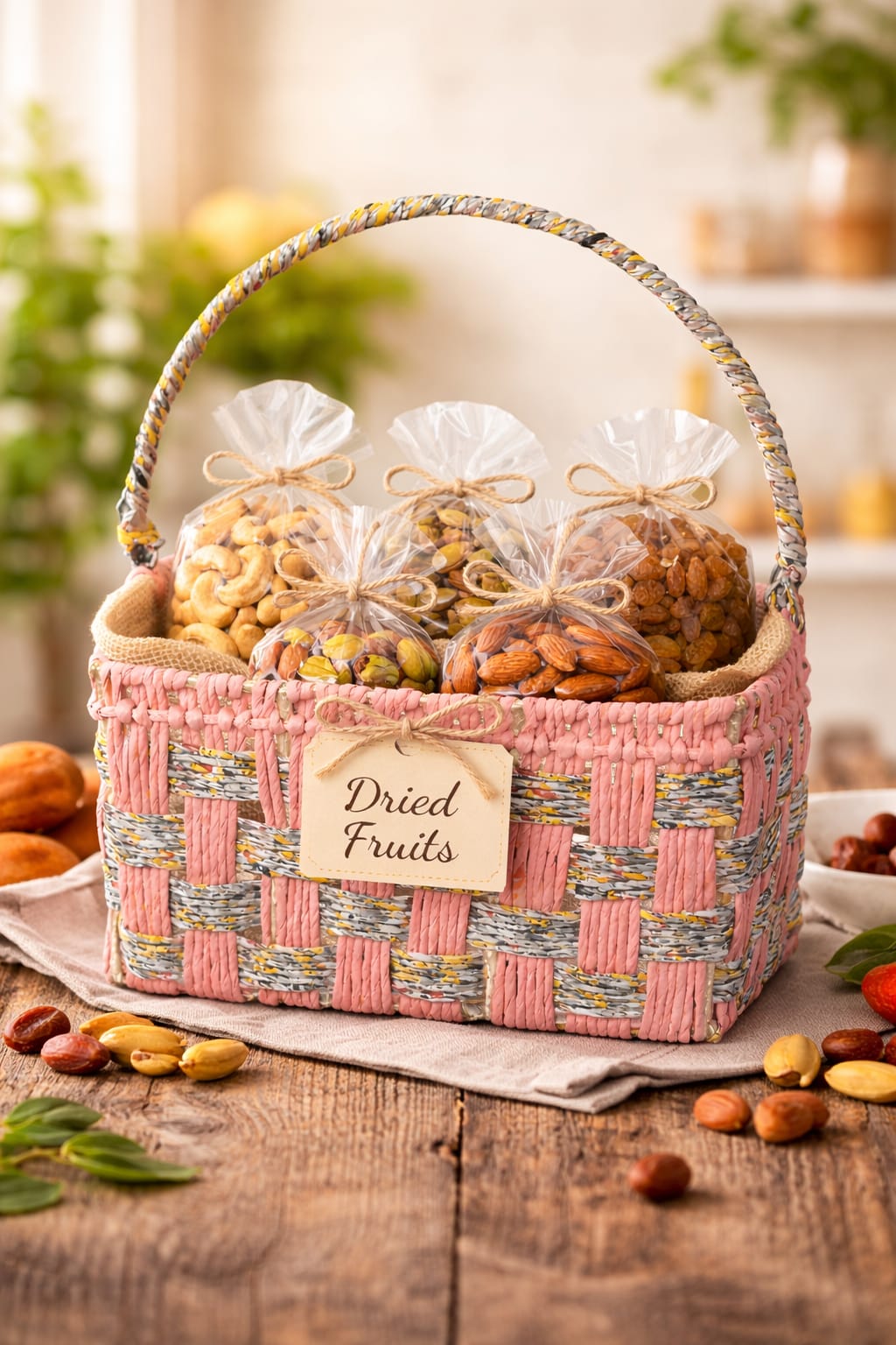 Handwoven Raffia Decorative Basket with Handle
