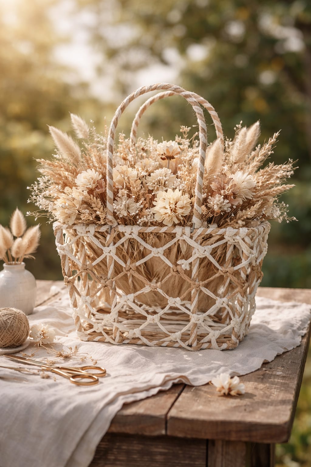 Handwoven Natural Raffia Open Weave Basket with Handle
