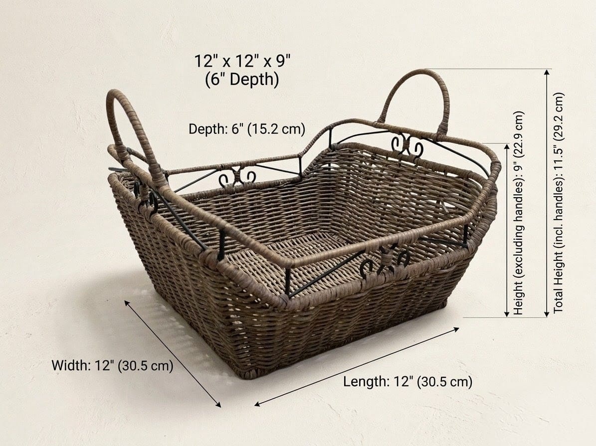 Handwoven Cane Basket Tray with Metal Frame & Handles