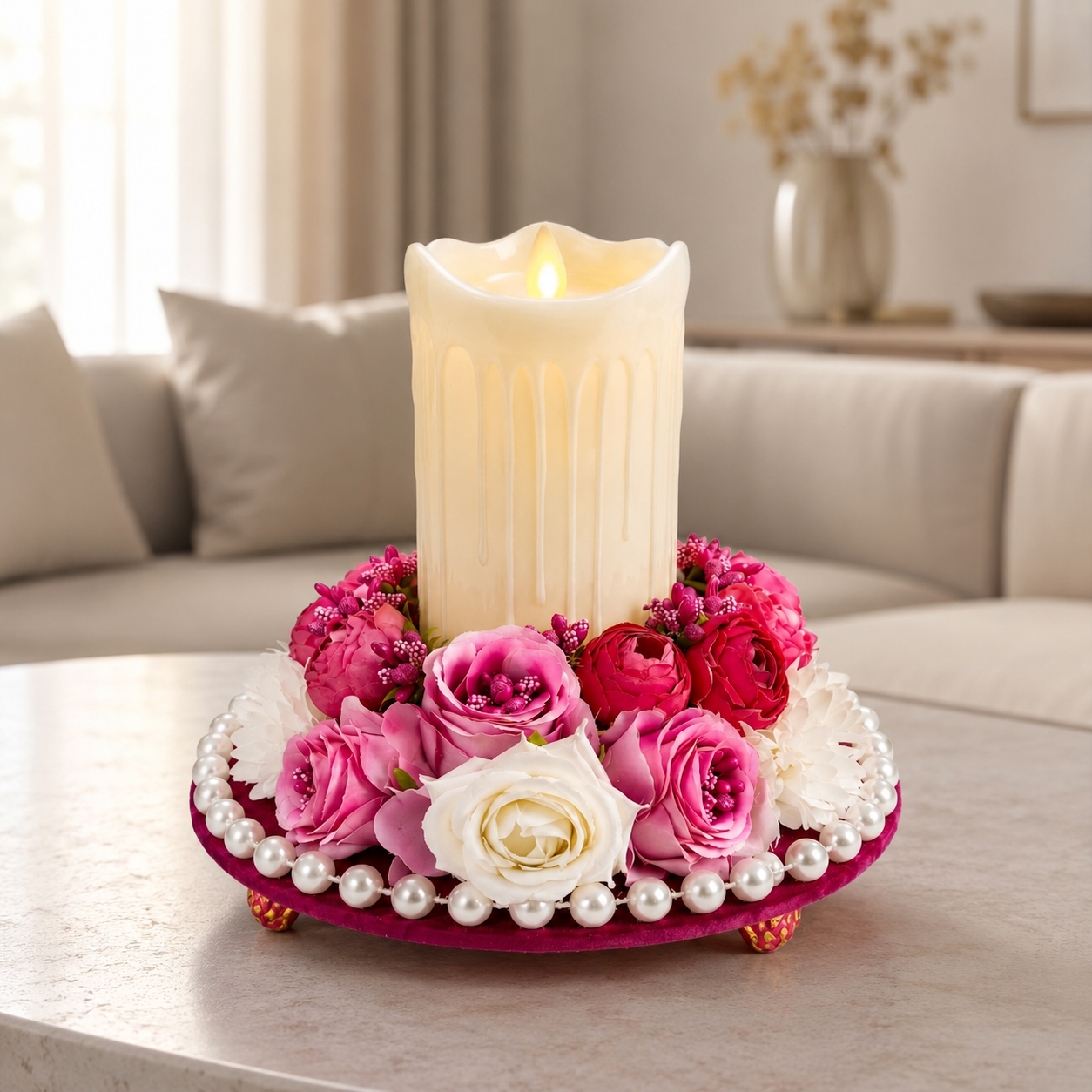 Pink Floral LED Candle Centerpiece