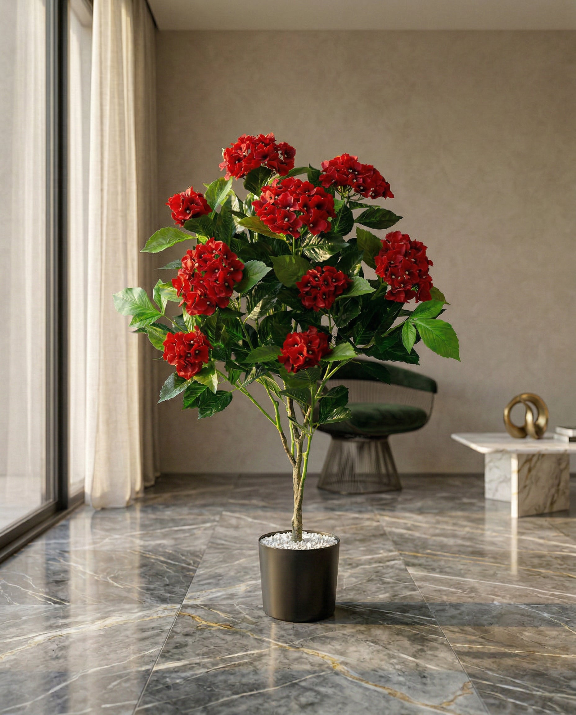 Artificial Red Hydrangea Flower Plant 3.5ft