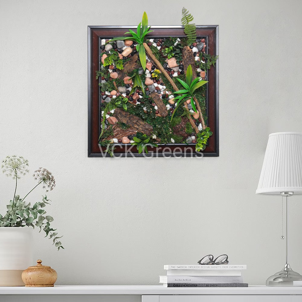 Artificial Natural Look Stones With Leaves Wooden Wall Frame Panel (Design 10)